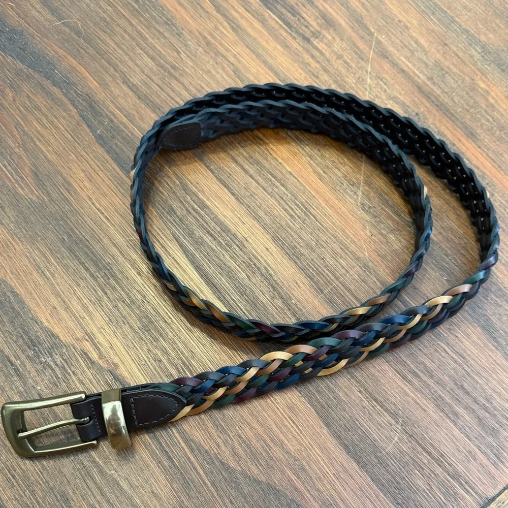 Braided Leather Multicolor Belt with Brass Hardware, 44.5 Inches Long